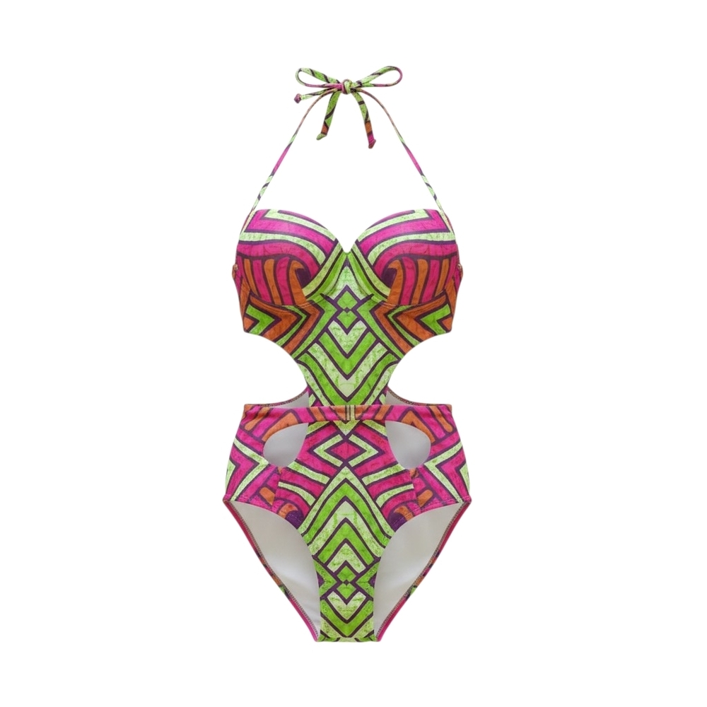 Neon Geometric Cutout One-Piece Swimsuit - Pink & Green